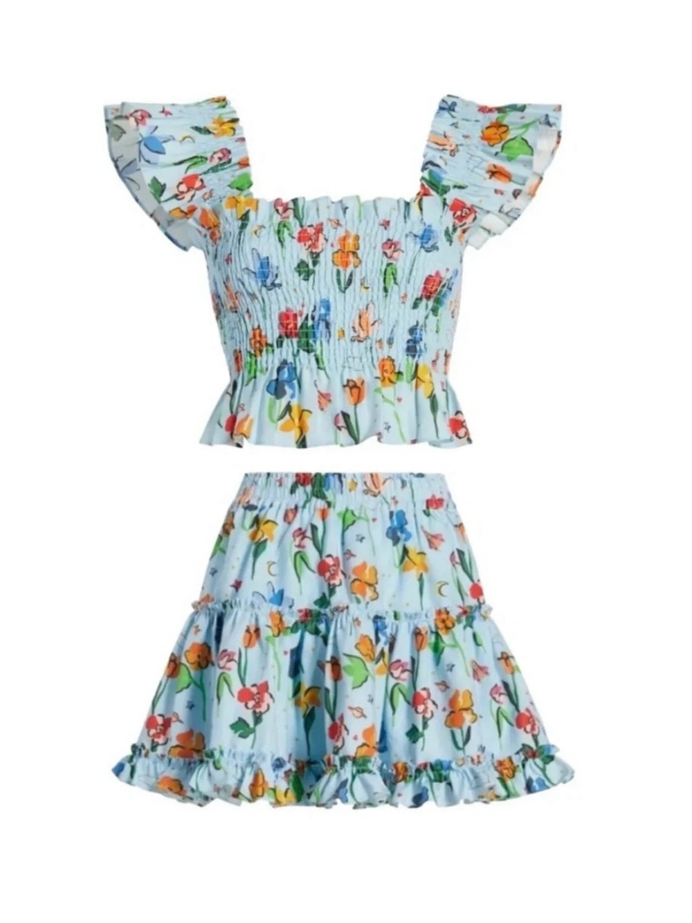 Hill House Home Paz Set Floral Smocked Top Ruffle Skirt Blue Size M Preppy
